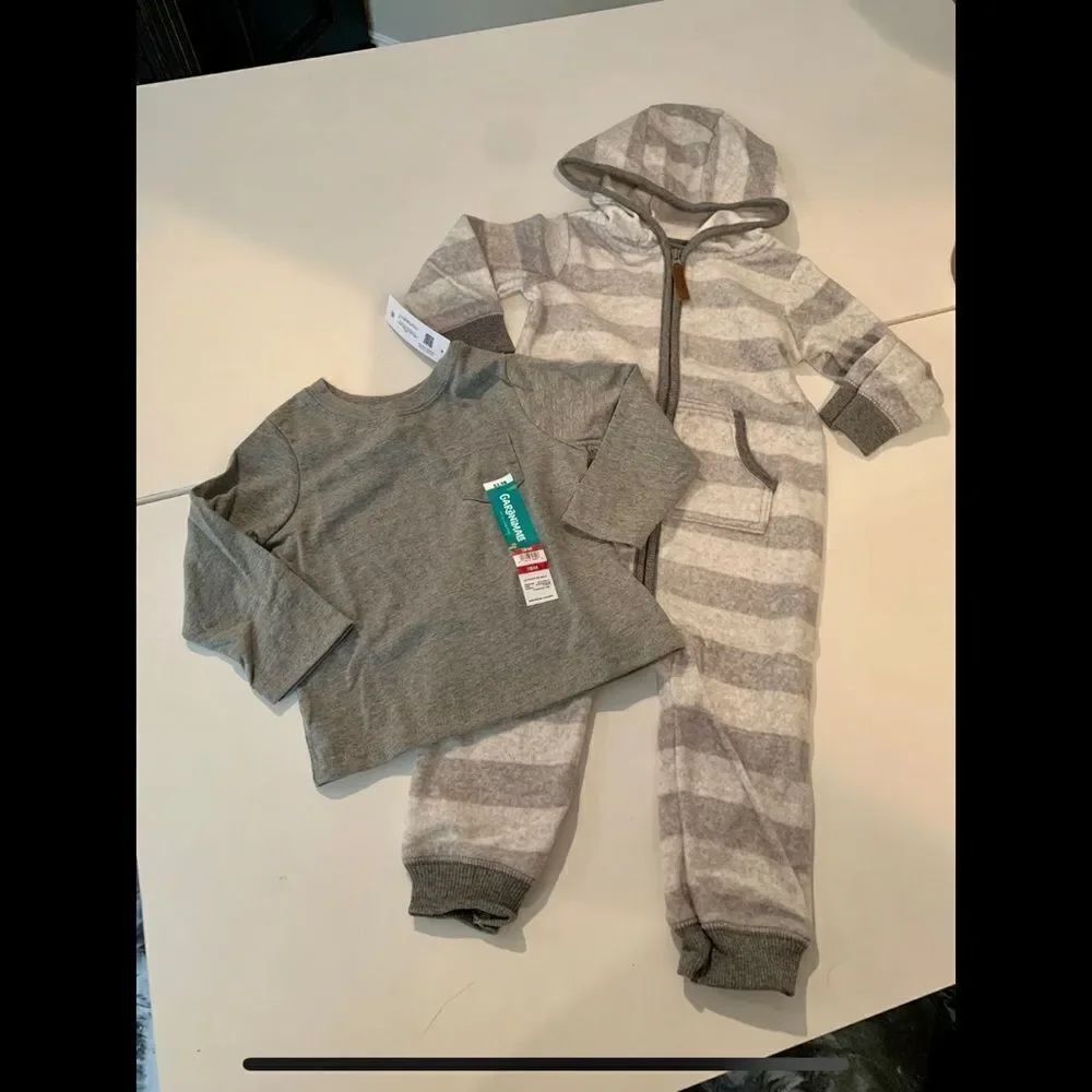 NWT New CARTERS GARANIMALS Set Fleece Gray White Stripe Coverall & Tee Shirt 18m